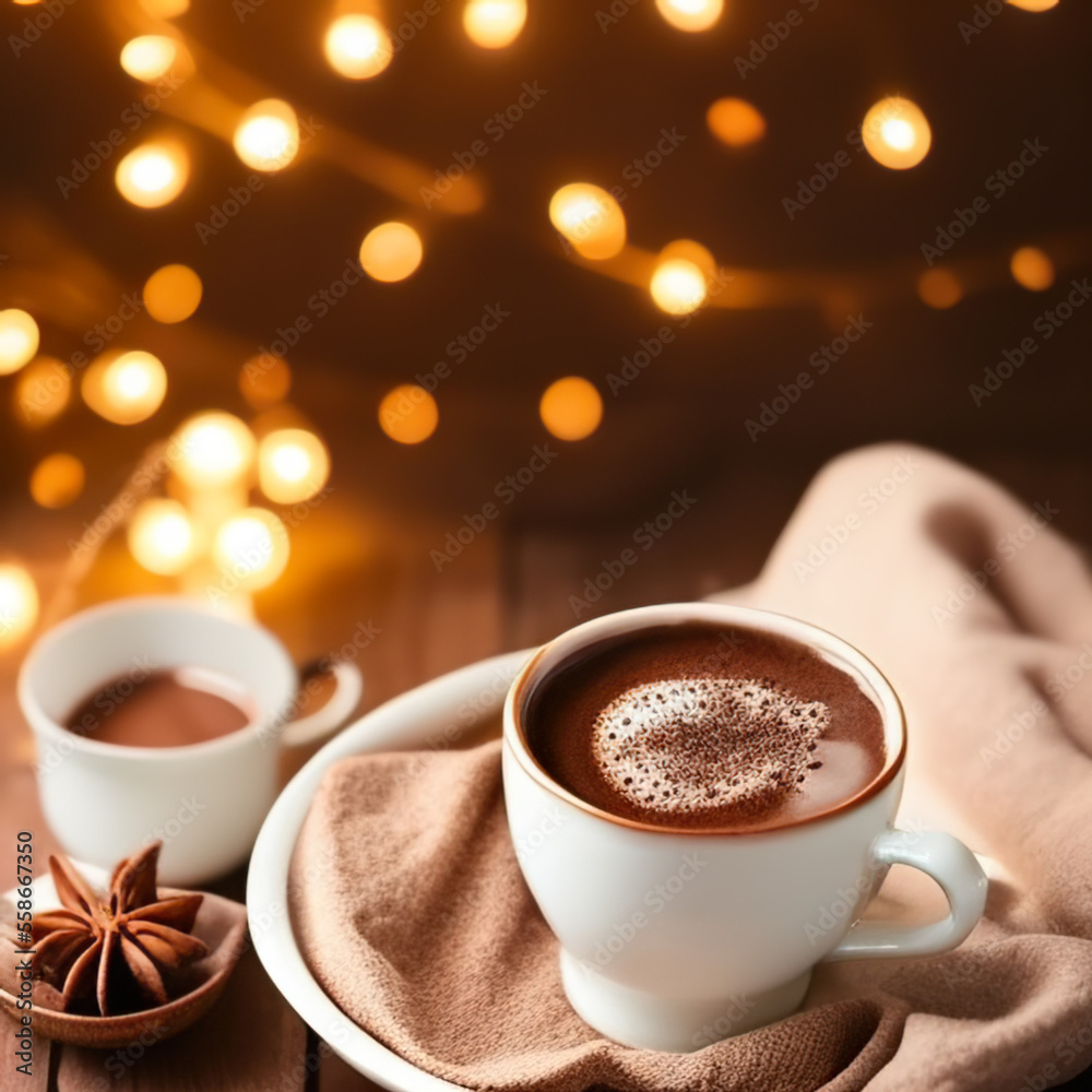 cup of hot chocolate coffee with cocoa, sugar powder and winter spices on cozy wooden background