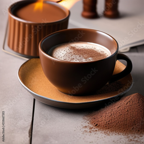 cup of hot chocolate coffee with cocoa, sugar powder and winter spices on cozy wooden background