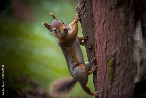 a red squirrel climbing up a tree in a forest, with its front paws on the side of a tree trunk, with its front paws on the side of a tree trunk, with a blurry background.