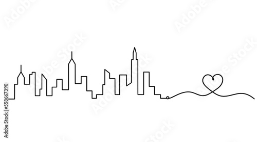 Abstract panoramic landscape with heart as continuous lines drawing on white