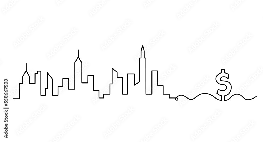 Abstract panoramic landscape with dollar as continuous lines drawing on white. Vector
