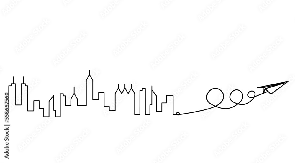 Abstract panoramic landscape with paper plane as continuous lines drawing on white Abstract panoramic landscape with paper plane as continuous lines drawing on white