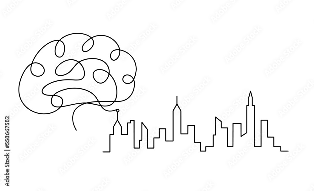 Abstract panoramic landscape with brain as continuous lines drawing on white Abstract panoramic landscape with brain as continuous lines drawing on white