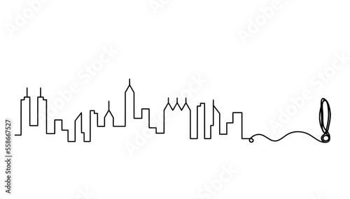 Abstract panoramic landscape with exclamation mark as continuous lines drawing on white