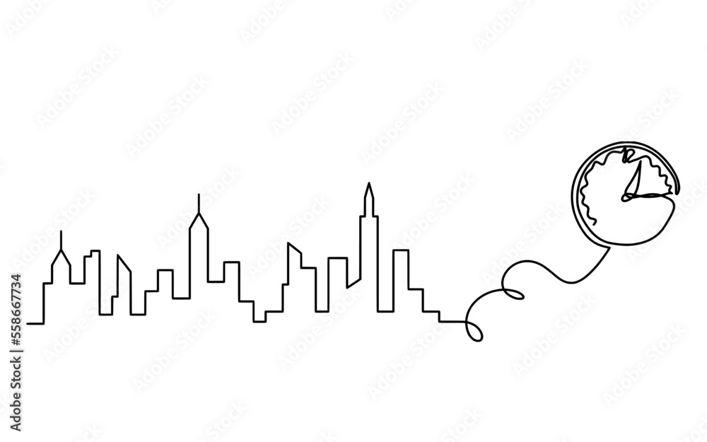Abstract panoramic landscape with clock as continuous lines drawing on white
