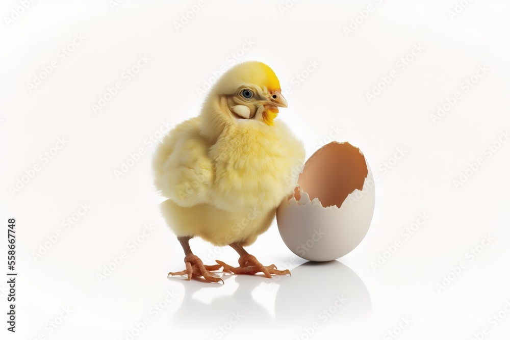 Small Yellow Chicken And Cracked Eggshell Isolated On White Background Generative AI
