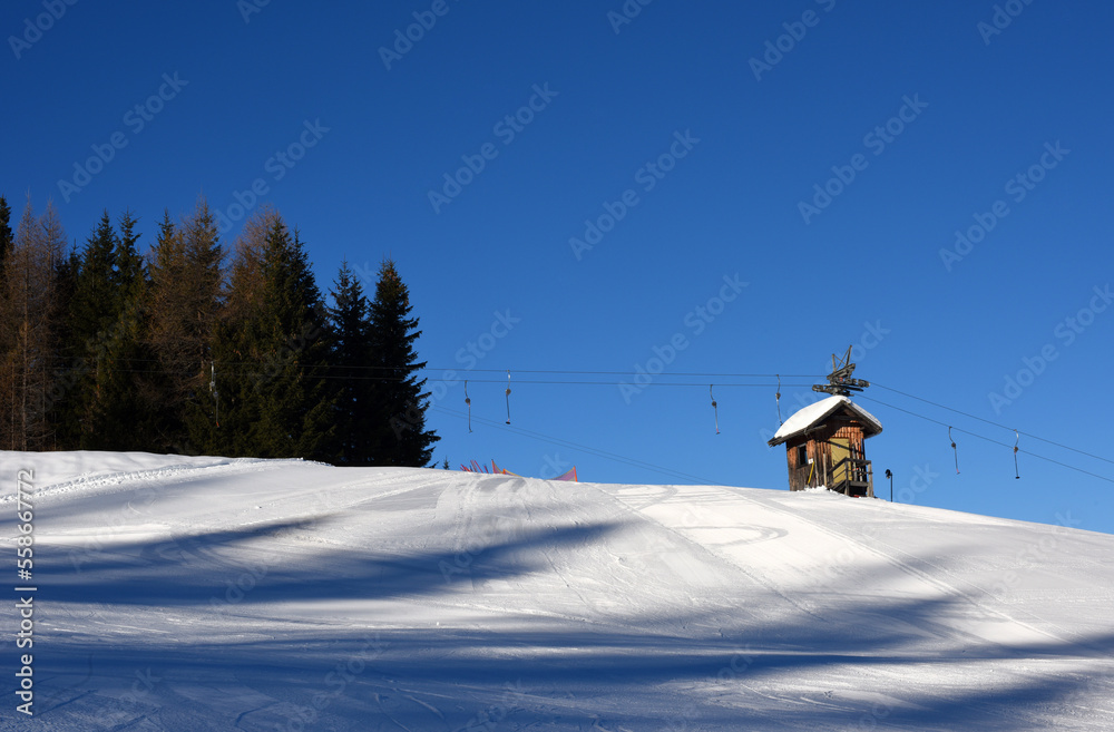 Winter landscape at early morning in ski resort. Austria. Europe.