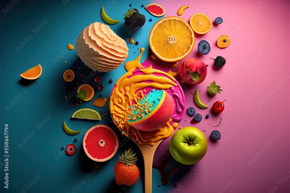 a popsicle with fruit and ice cream on a blue and pink background with a spoon full of popsicles and a variety of fruit on a blue and pink background with a pink.