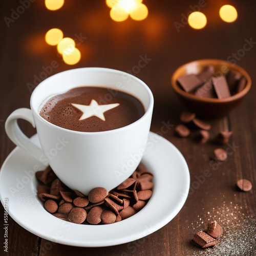 cup of hot chocolate coffee with cocoa, sugar powder and winter spices on cozy wooden background