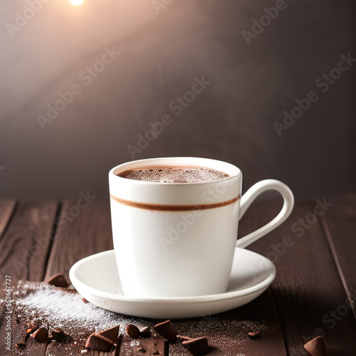 cup of hot chocolate coffee with cocoa  sugar powder and winter spices on cozy wooden background