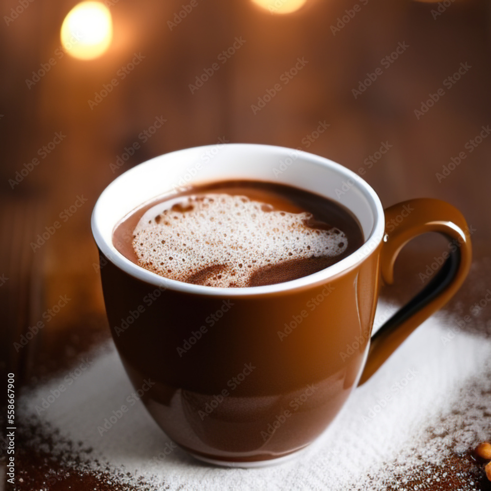 cup of hot chocolate coffee with cocoa, sugar powder and winter spices on cozy wooden background cup of hot chocolate coffee with cocoa, sugar powder and winter spices on cozy wooden background