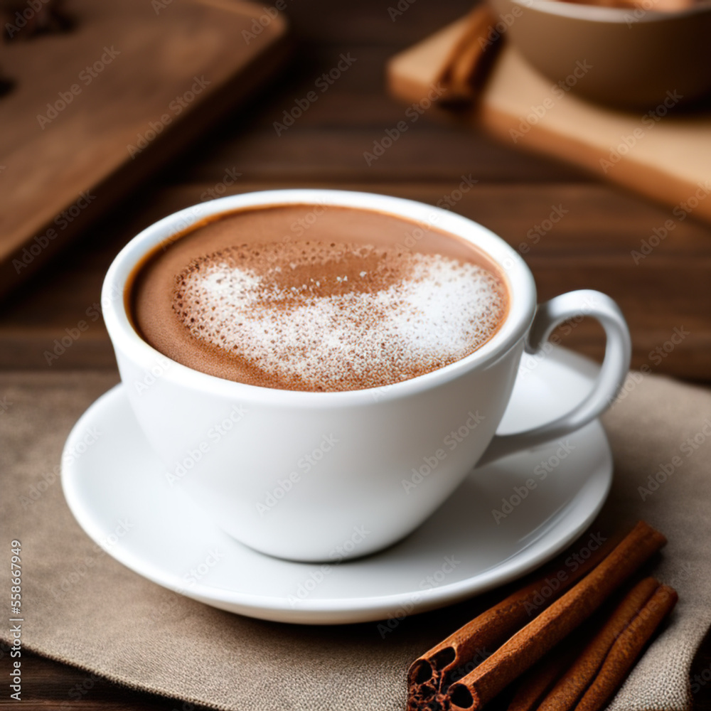cup of hot chocolate coffee with cocoa, sugar powder and winter spices on cozy wooden background cup of hot chocolate coffee with cocoa, sugar powder and winter spices on cozy wooden background