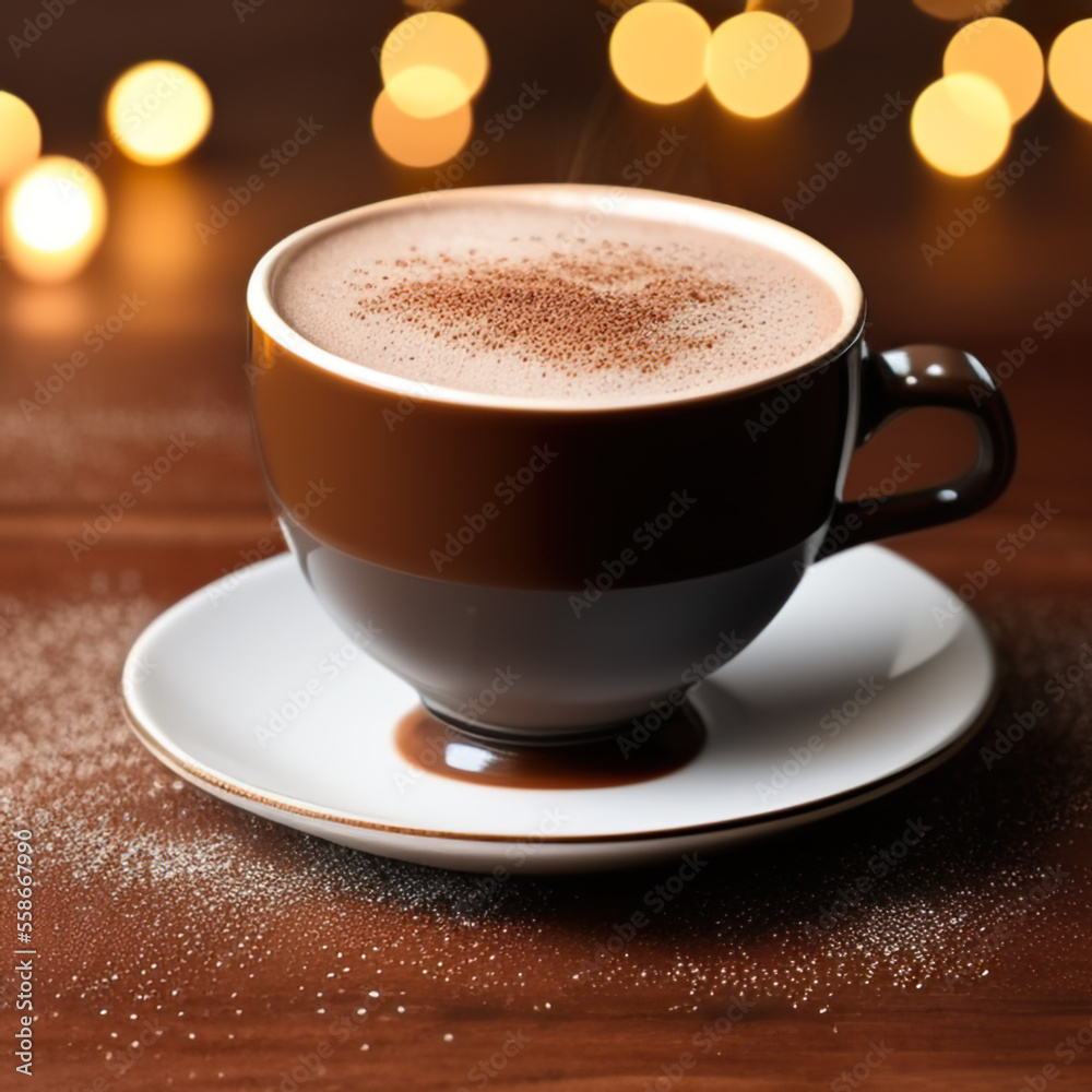 cup of hot chocolate coffee with cocoa, sugar powder and winter spices on cozy wooden background