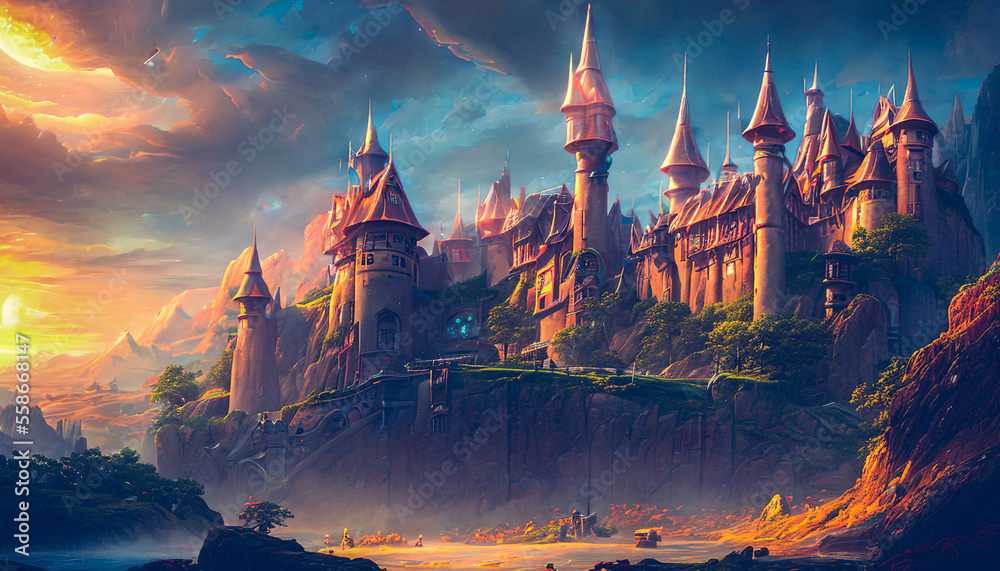 Beautiful castle in a magical landscape filled with divine blessings. Generative AI