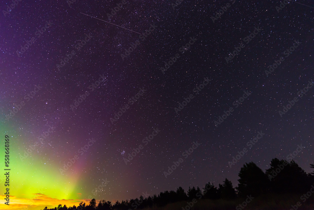 Northern lights and stars in the sky. Österbotten/Pohjanmaa, Finland