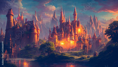 Beautiful castle in a magical landscape filled with divine blessings. Generative AI © 4K_Heaven