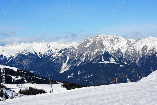 Winter landscape at early morning in ski resort. Austria. Europe.