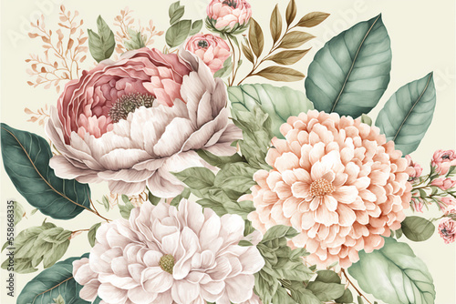 Fotografiet Delicate floral watercolor pattern, floral design for textile and background, watercolor peony flowers and green leaves, soft colors, boho style