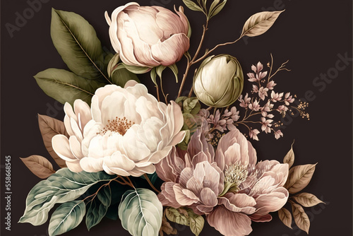 Valokuva Delicate floral watercolor pattern, floral design for textile and background, watercolor peony flowers and green leaves, soft colors, boho style on black background, floristic vintage