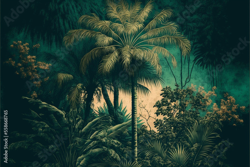 Green tropical forest with palm plants and leaves in vintage style  garden with lovely race flowers and leaves. Generative AI
