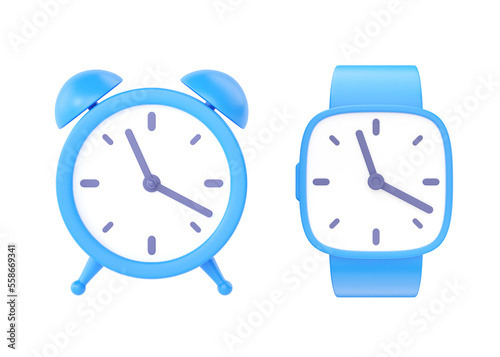 Clock 3d render icon set - simple alarm timer concept, red retro style alarmclock