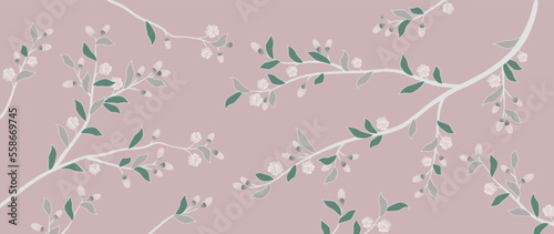 Luxury botanical art vector background, white rose flowers on white branches with green watercolor leaves on a pink background.  Chinoiserie for background, decor, wallpaper, fabric.