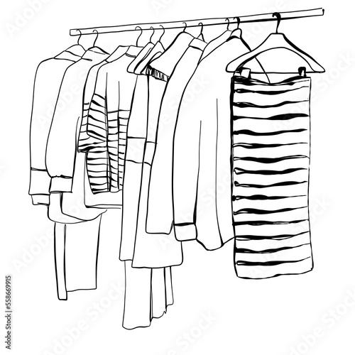 Hand drawn wardrobe sketch. Clothes on the hangers.