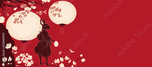 Vector illustration of rabbit samurai with paper lanterns and magnolia tree on red background banner with copy space
