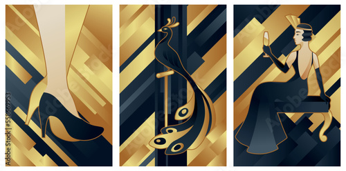 art deco illustrations of female and peacock, black and gold