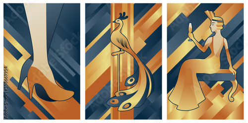 art deco illustrations of female and peacock