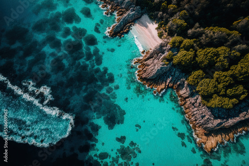 Drone shot aerial image of a coastal location with crystal clear sea and a forest on the ground. On a diagonal, there is half land and half sea. a beautiful location where crystal clear blue water and