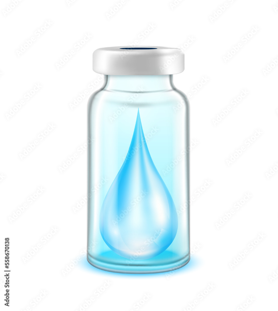 Drop serum collagen vitamins inside vaccine bottle. Used for beauty and medical advertisements. Glass bottle blue isolated on white background. 3D vector EPS10.