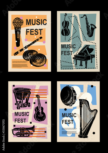 Guitar, horn, drum, piano. Music jazz festival poster. Musical instruments. Competition. A set of vector illustrations. Minimalistic design. Banner, flyer, cover, print.