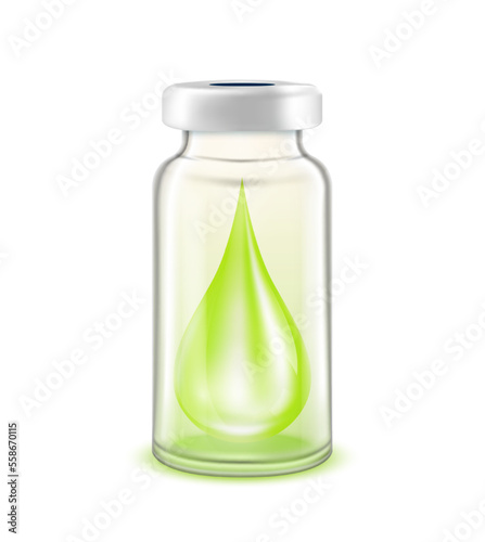 Drop serum collagen vitamins inside vaccine bottle. Used for beauty and medical advertisements. Glass bottle green isolated on white background. 3D vector EPS10.