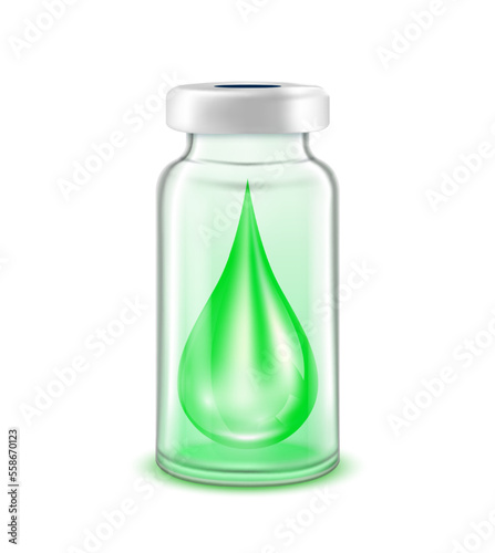 Drop serum collagen vitamins inside vaccine bottle. Used for beauty and medical advertisements. Glass bottle green isolated on white background. 3D vector EPS10.