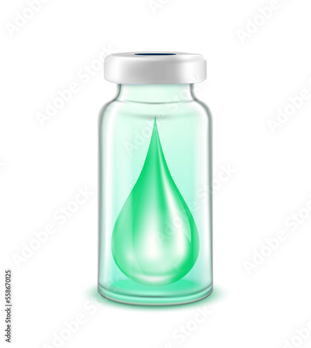 Drop serum collagen vitamins inside vaccine bottle. Used for beauty and medical advertisements. Glass bottle green isolated on white background. 3D vector EPS10.