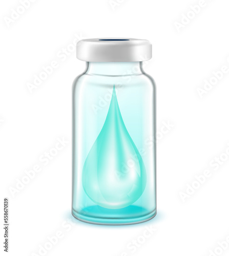 Drop serum collagen vitamins inside vaccine bottle. Used for beauty and medical advertisements. Glass bottle blue isolated on white background. 3D vector EPS10.