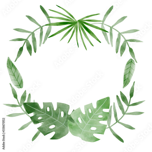 Tropical leaves watercolor wreath. Jungle watercolor leaves. Hand painted illustration isolated on white background.