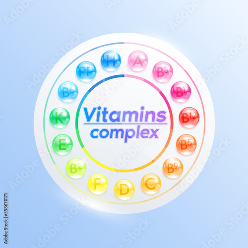 Vitamins complex in the form of colorful water droplets. Multivitamins label isolated on blue background. For pharmacy advertisement or vitamin package design. Medical concept. Vector EPS10.