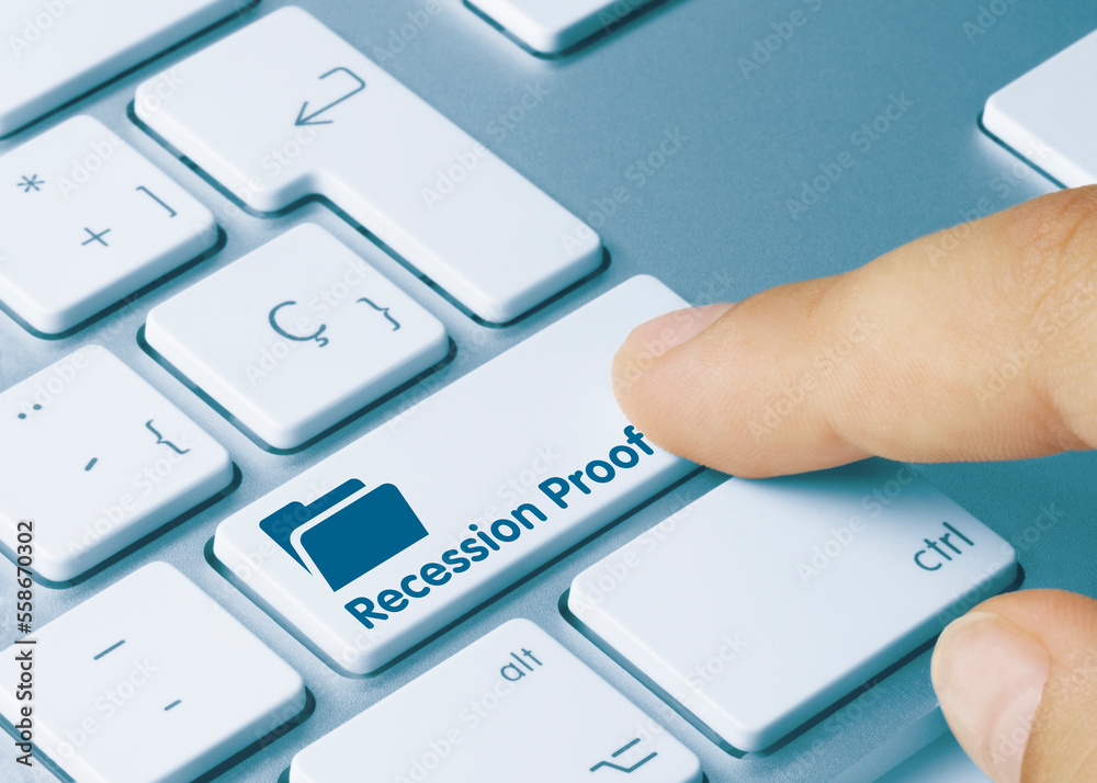 Fototapeta premium Recession Proof - Inscription on Blue Keyboard Key.