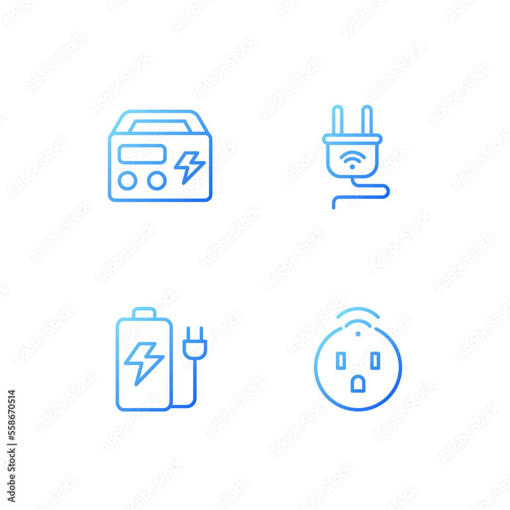 Electric devices pixel perfect gradient linear vector icons set. Smart socket, plug. Portable generator and battery. Thin line contour symbol designs bundle. Isolated outline illustrations collection Electric devices pixel perfect gradient linear vector icons set. Smart socket, plug. Portable generator and battery. Thin line contour symbol designs bundle. Isolated outline illustrations collection