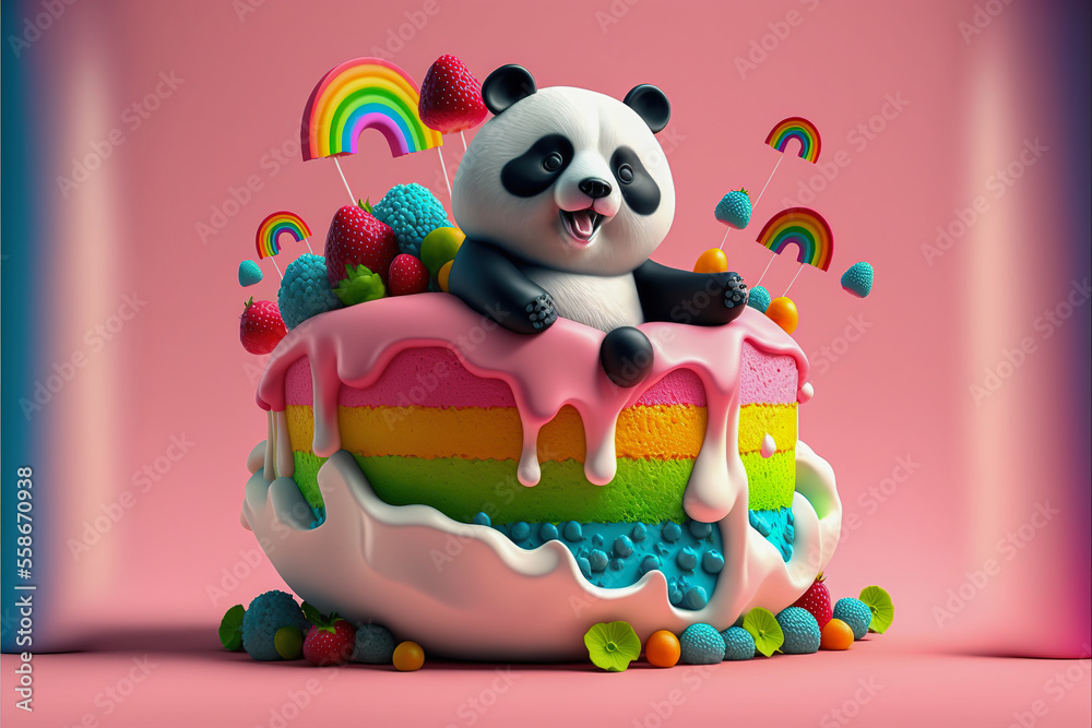 Birthday party cake with cute panda , use it as a pink background or greeting card  generative  ai