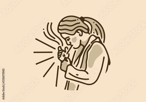 Vintage illustration design of woman is lighting a cigarette