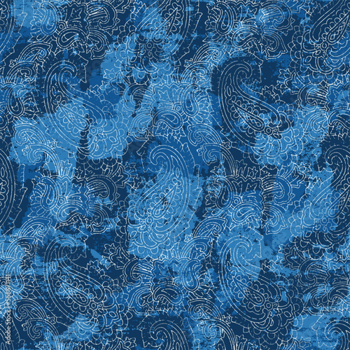 Indigo batik floral paisley motifs grunge vector seamless pattern