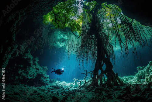 Mexico s Cenote Angelita  cave diving  extreme underwater experience  and underwater fogscape. Generative AI