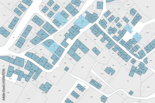 Imaginary cadastral map with buildings, land parcel and vacant plot printed on paper