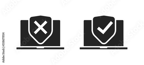 Secure shield icon cyber digital insurance electronic protection check symbol pictogram black white silhouette graphic ui clipart, laptop computer data cybersecurity antivirus guard protection status