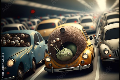 a cartoon car with a fish in the middle of a group of other cars in a traffic jam, with a person in the middle of the car with a fish in the middle of the middle of the car.