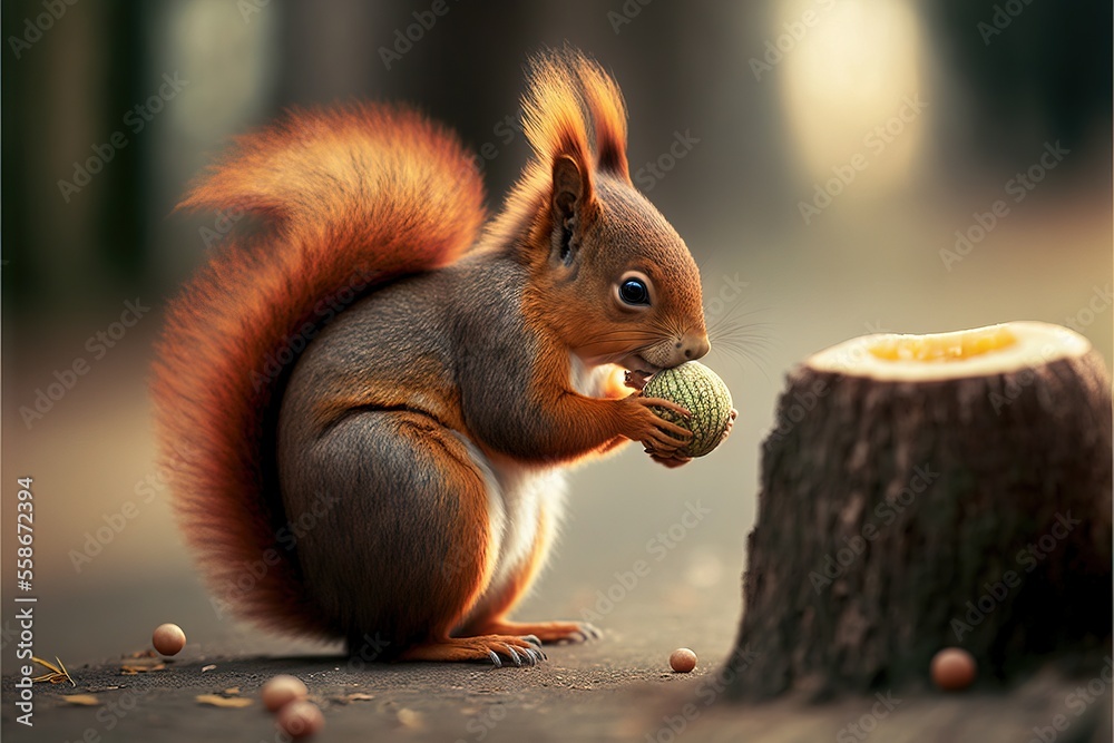 a squirrel is eating a piece of fruit on the tree stump in the forest, with a blurred background of trees and a stump in the foreground of the image is a half -.