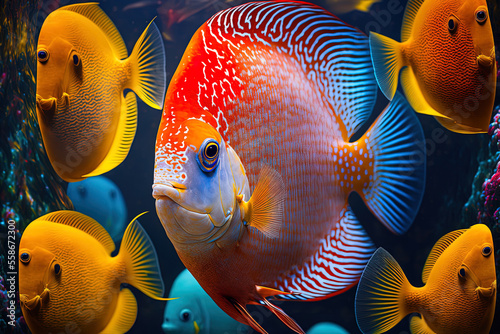 Aquarium close up of an adult fish with colorful fish from the spieces of Symphysodon discus. Generative AI photo